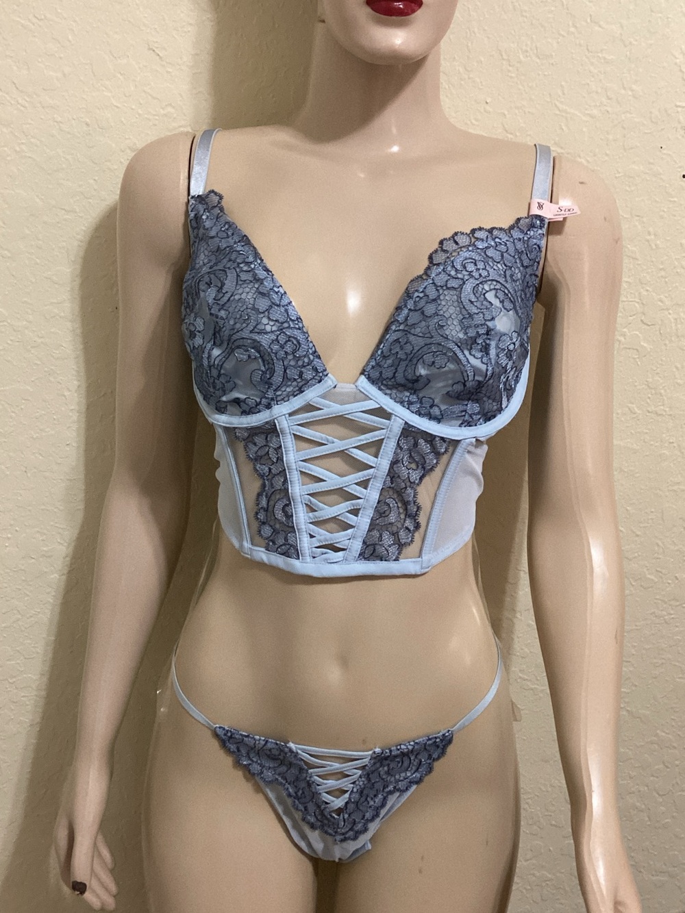 Victoria's Secret Light Blue Lace Longline Bralette & Lace-Up Thong
